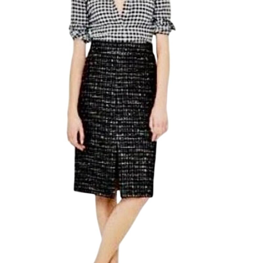 J Crew Wool Blend Metallic Black Tweed Boucle Front Slit Pencil Skirt Preppy